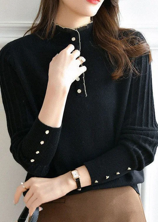 Cozy Lifestyle Women Black Ruffled Button Patchwork Knit Sweaters Long Sleeve