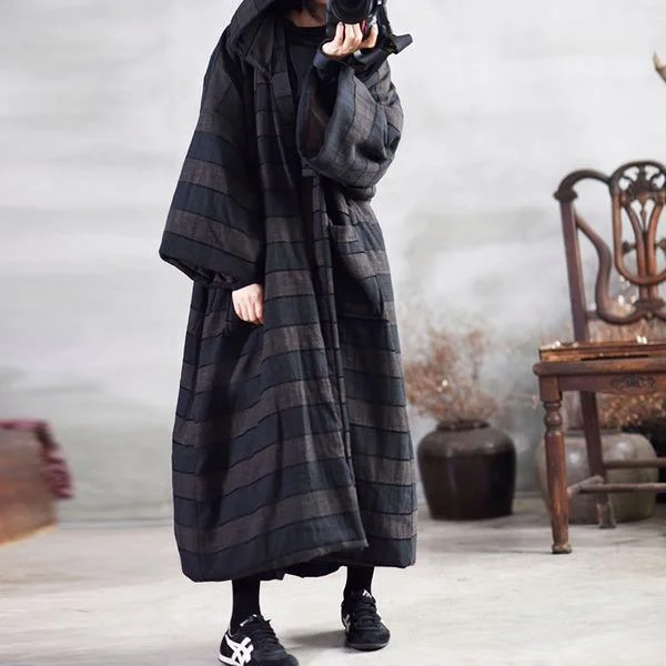 Elegant Style 2020 Spring Striped New Loose Simple Casual Warm Cotton Long Hooded Coats Elegant Style 2020 Spring Striped New Loose Simple Casual Warm Cotton Long Hooded Coats