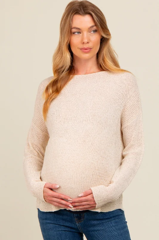 Trendy Casuals Cream Contrast Knit Panel Maternity Sweater